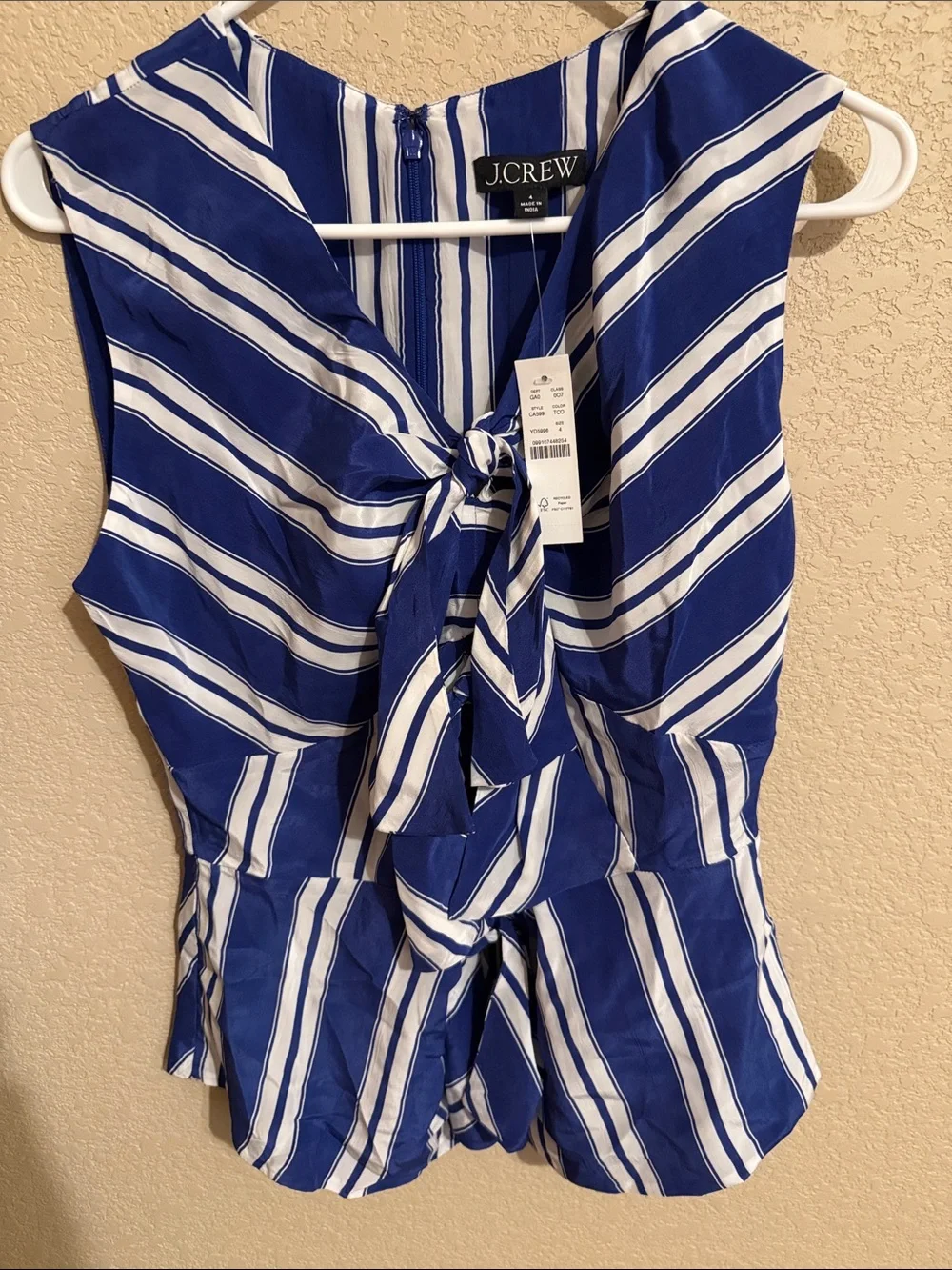 NWT J.Crew Size 4 Blue White Stripe 3 Tie Front Peplum Top Silk Feel, Lined